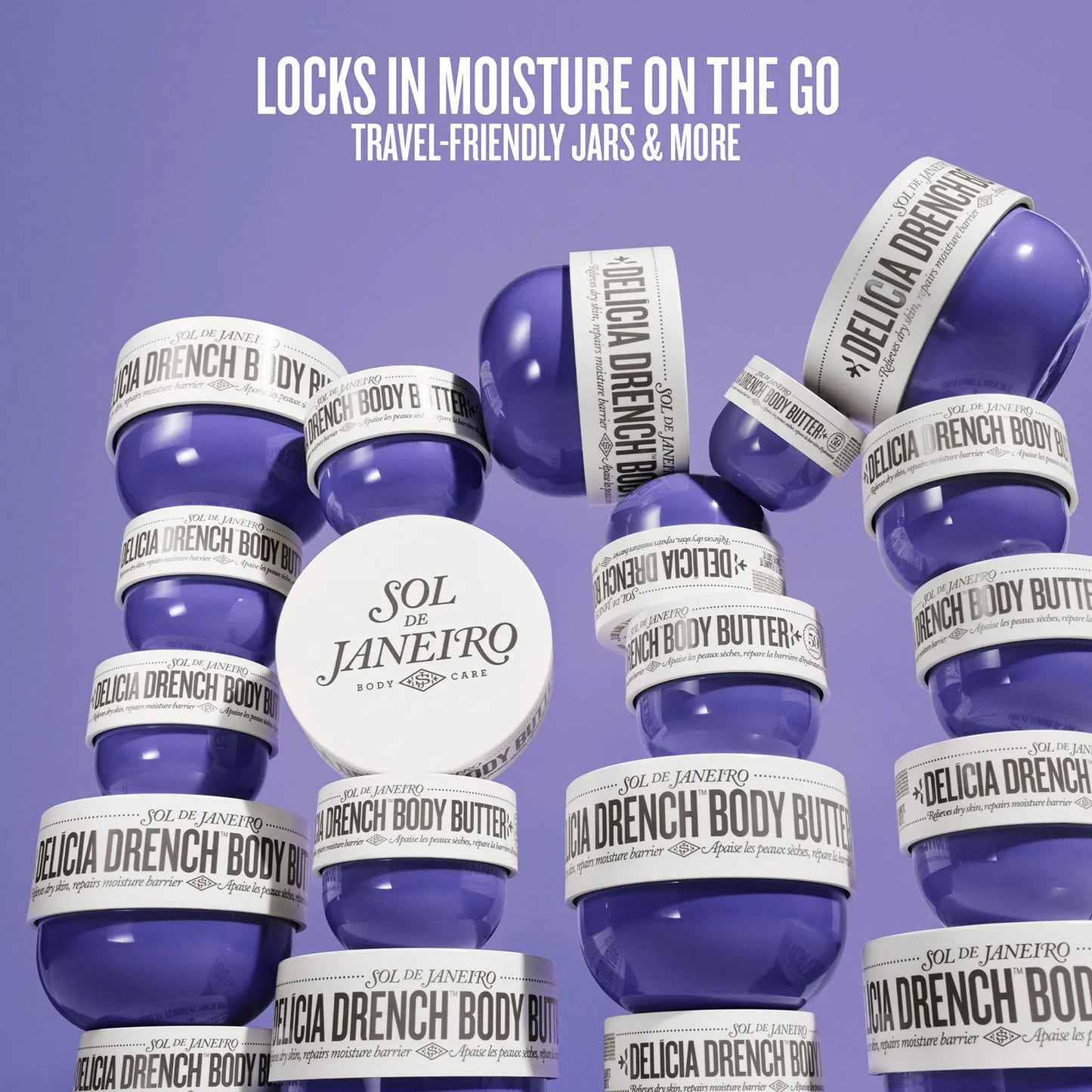 Blue jars with white labels featuring Sol de Janeiro branding on a purple background.