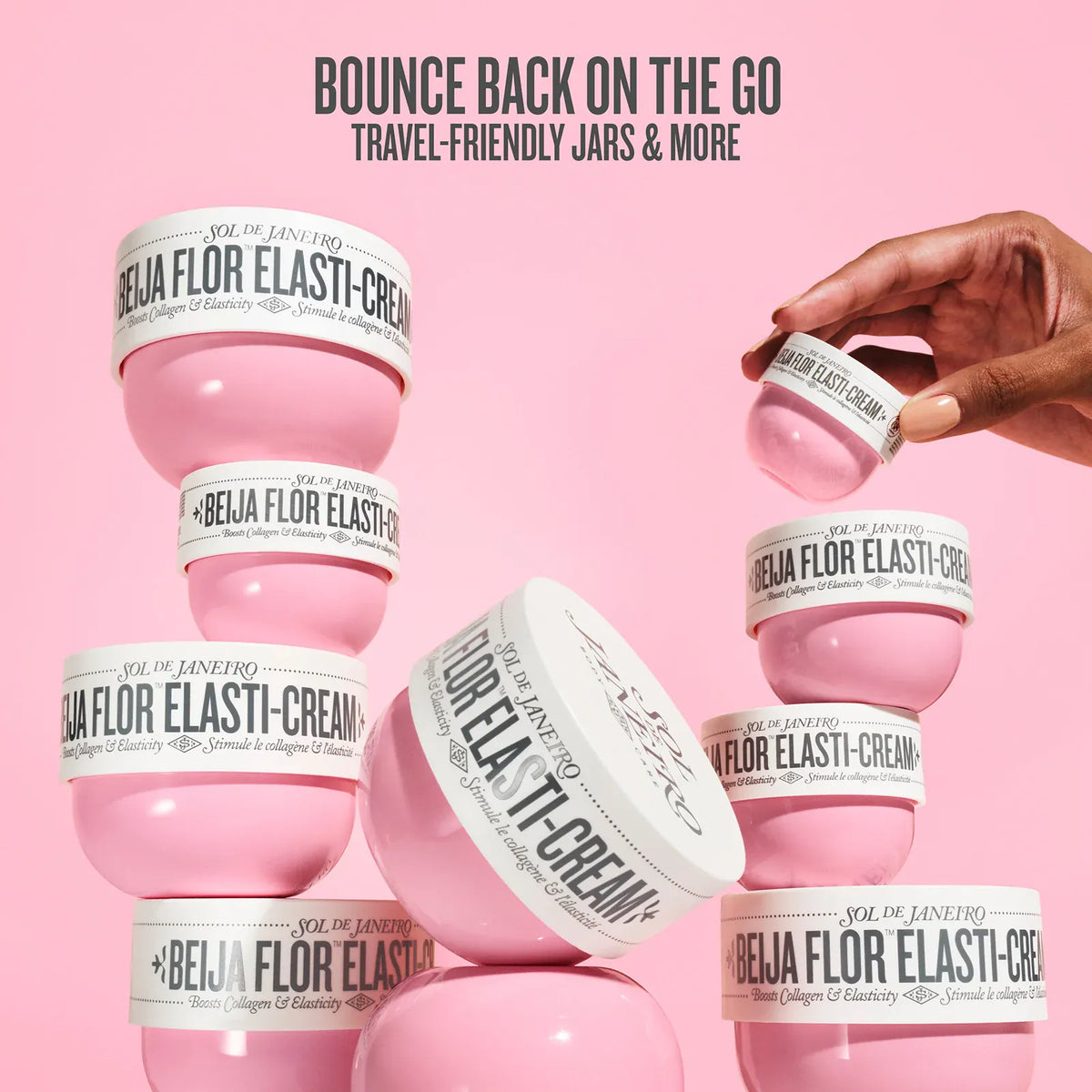 Pink jars of Beija Flor Elasti-Cream with a hand holding one jar against a pink background.

Bounce back on the go travel-friendly jars & more