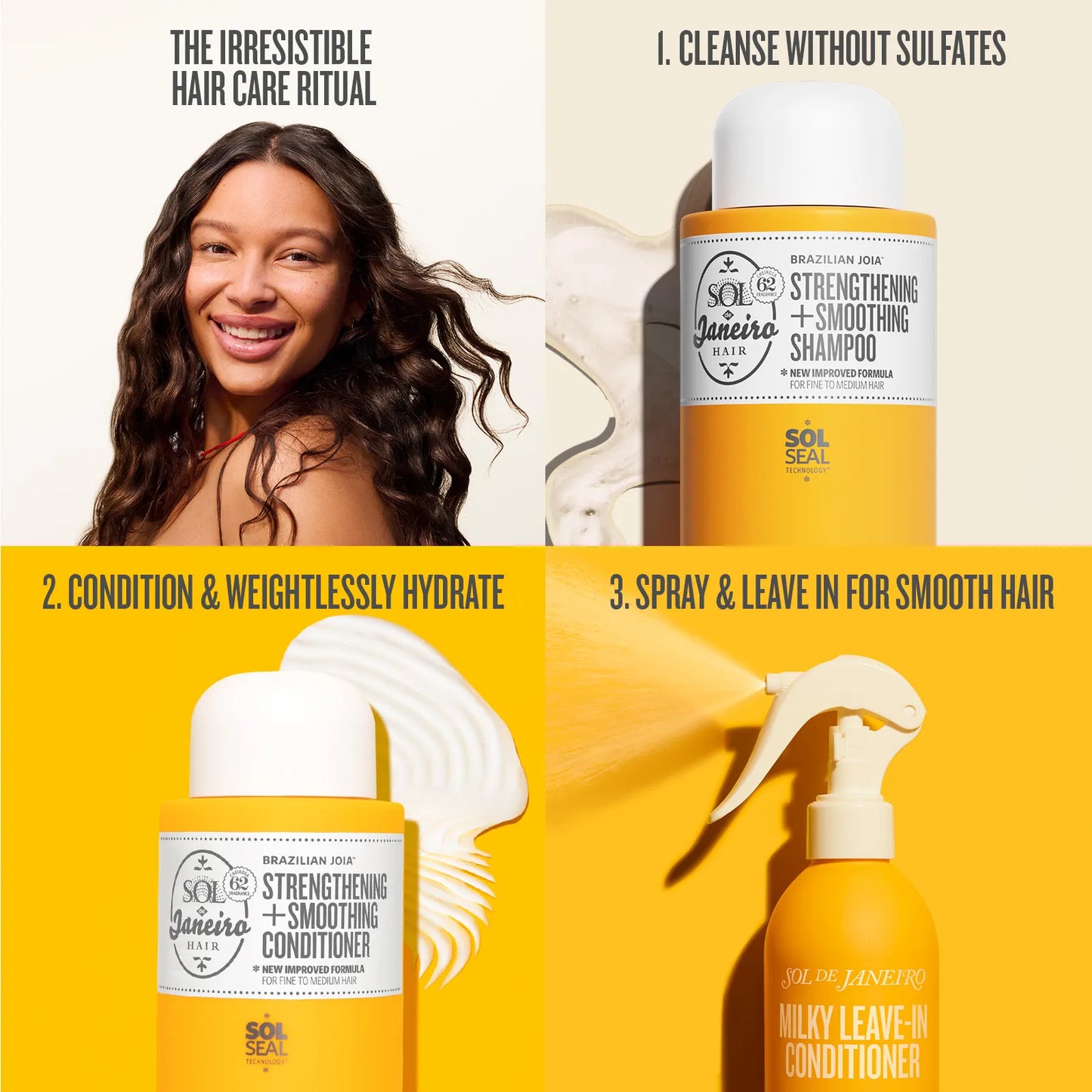 Hair care product advertisement with a woman and shampoo, conditioner, and spray bottle.