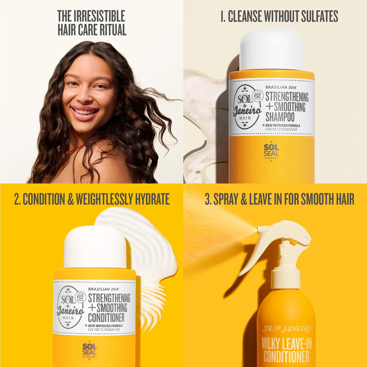 Hair care product advertisement with a woman and shampoo, conditioner, and spray bottle.