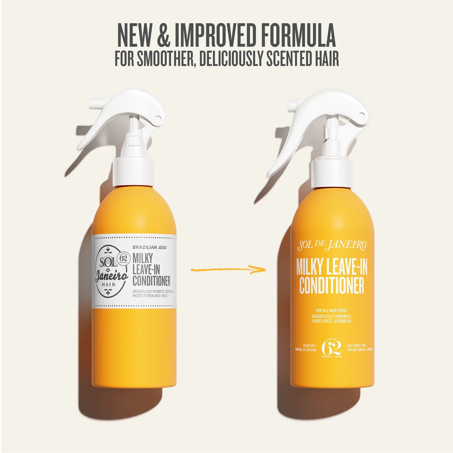 Two bottles of Sol de Janeiro Milky Leave-In Conditioner with a label indicating a new & improved formula.
