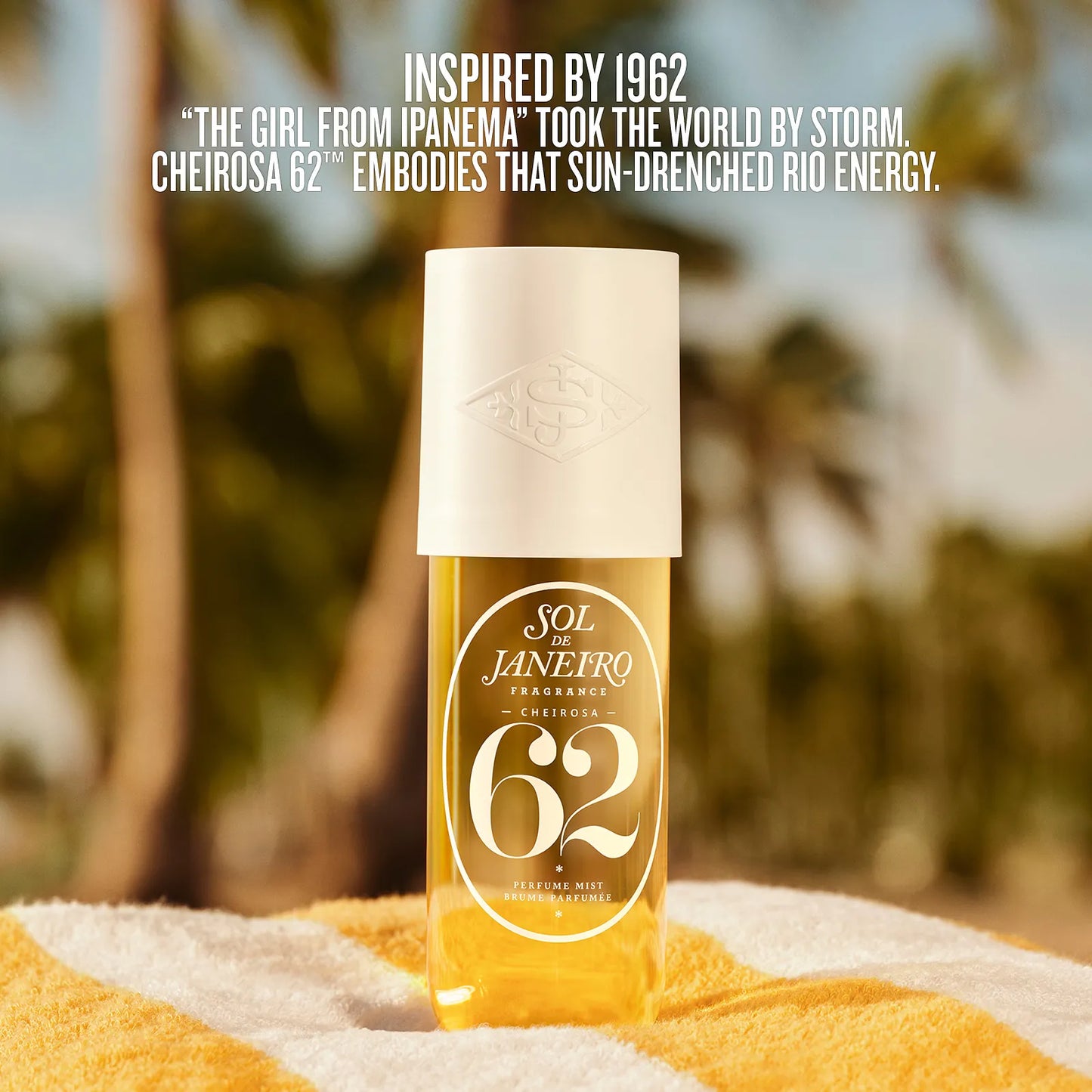 Sol de Janeiro fragrance bottle with text about 'The Girl from Ipanema' on a blurred beach background