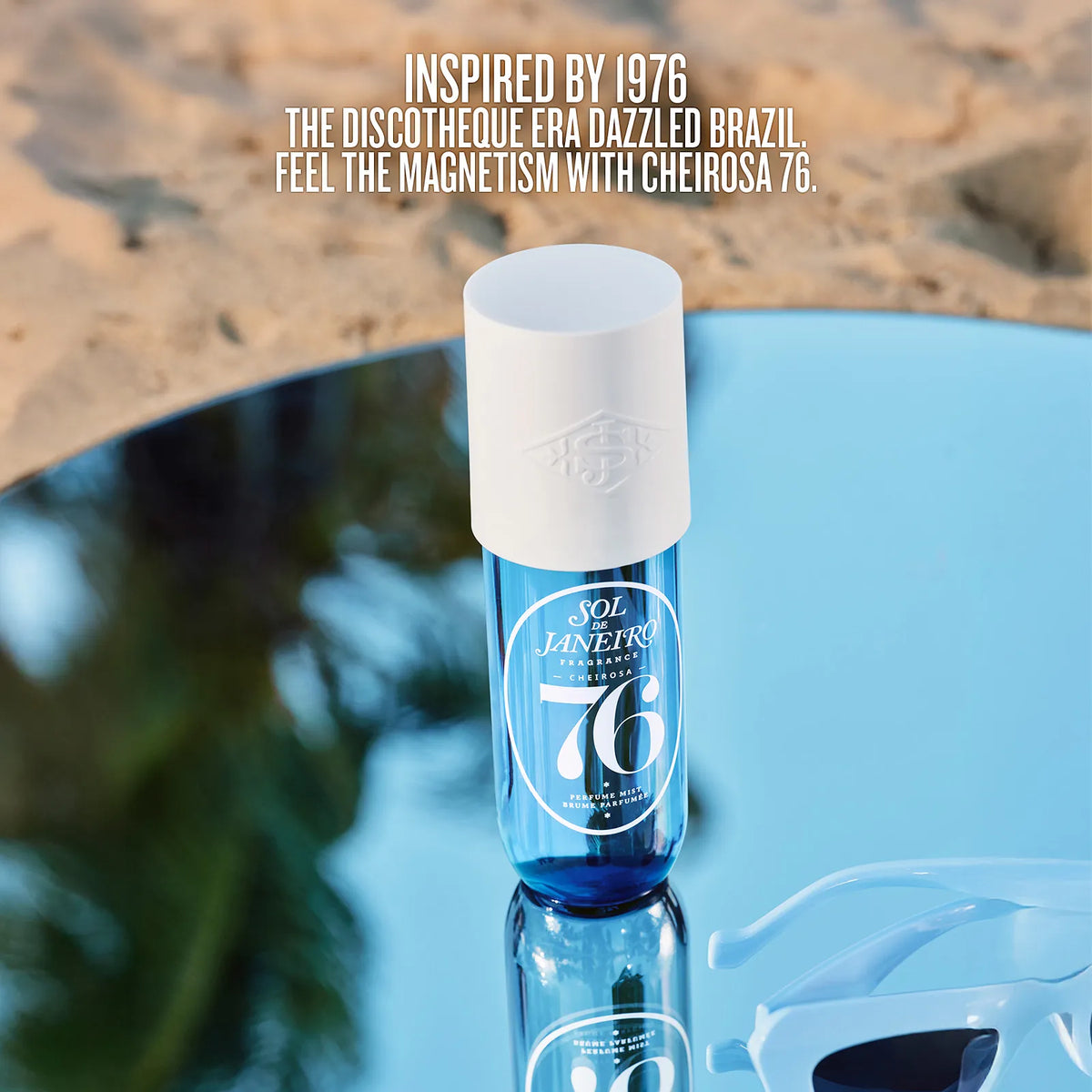 Blue bottle with white cap on a reflective surface, text about 1976 discotheque era.