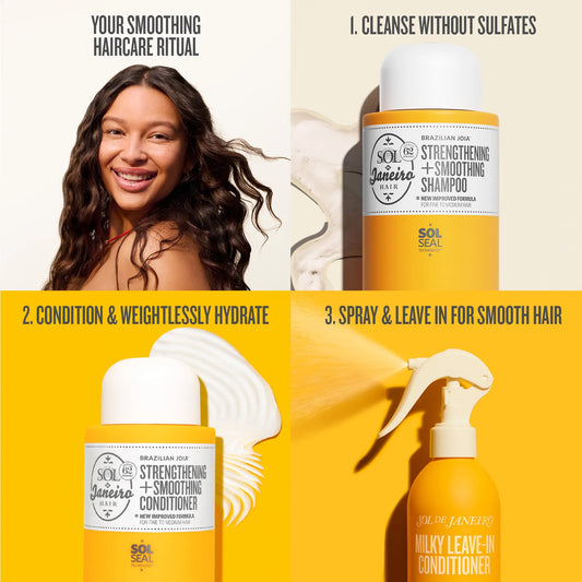 Hair care product set with a woman and hair products on a yellow background
