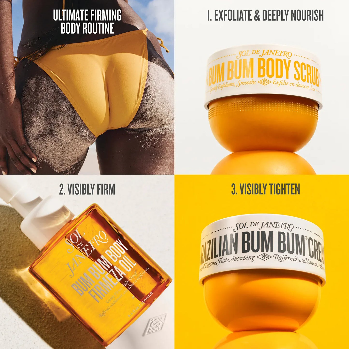 Ultimate firming body routine 1. exfoliate & deeply nourish 2. visibly firm 3. visibly tighten