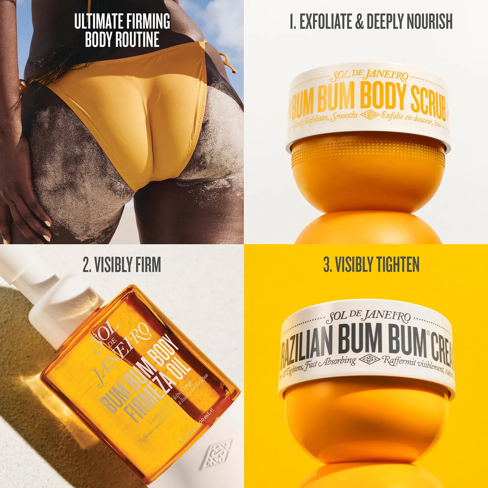 Ultimate firming body routine 1. exfoliate & deeply nourish 2. visibly firm 3. visibly tighten