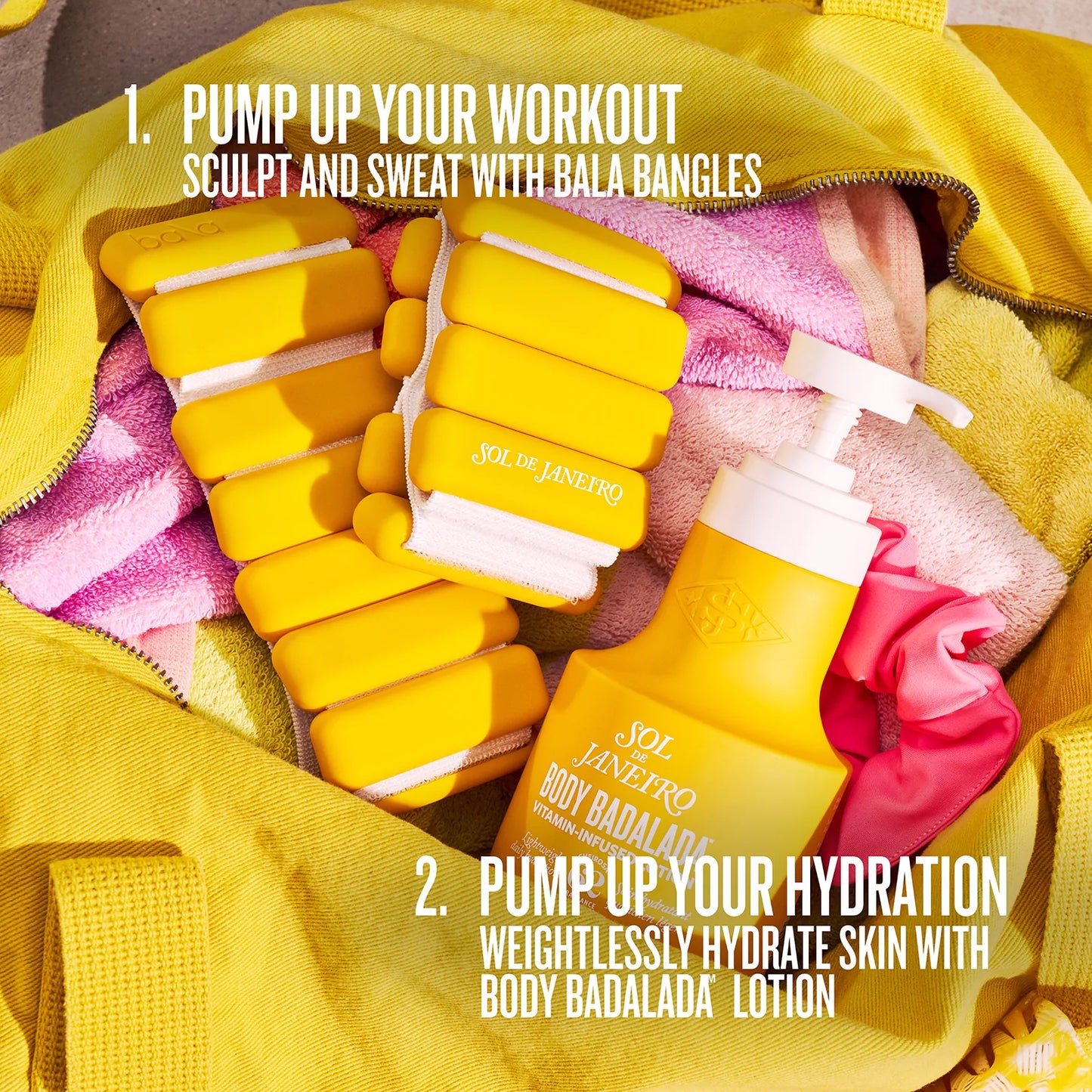 Yellow workout gloves and lotion bottle with promotional text on a yellow background
