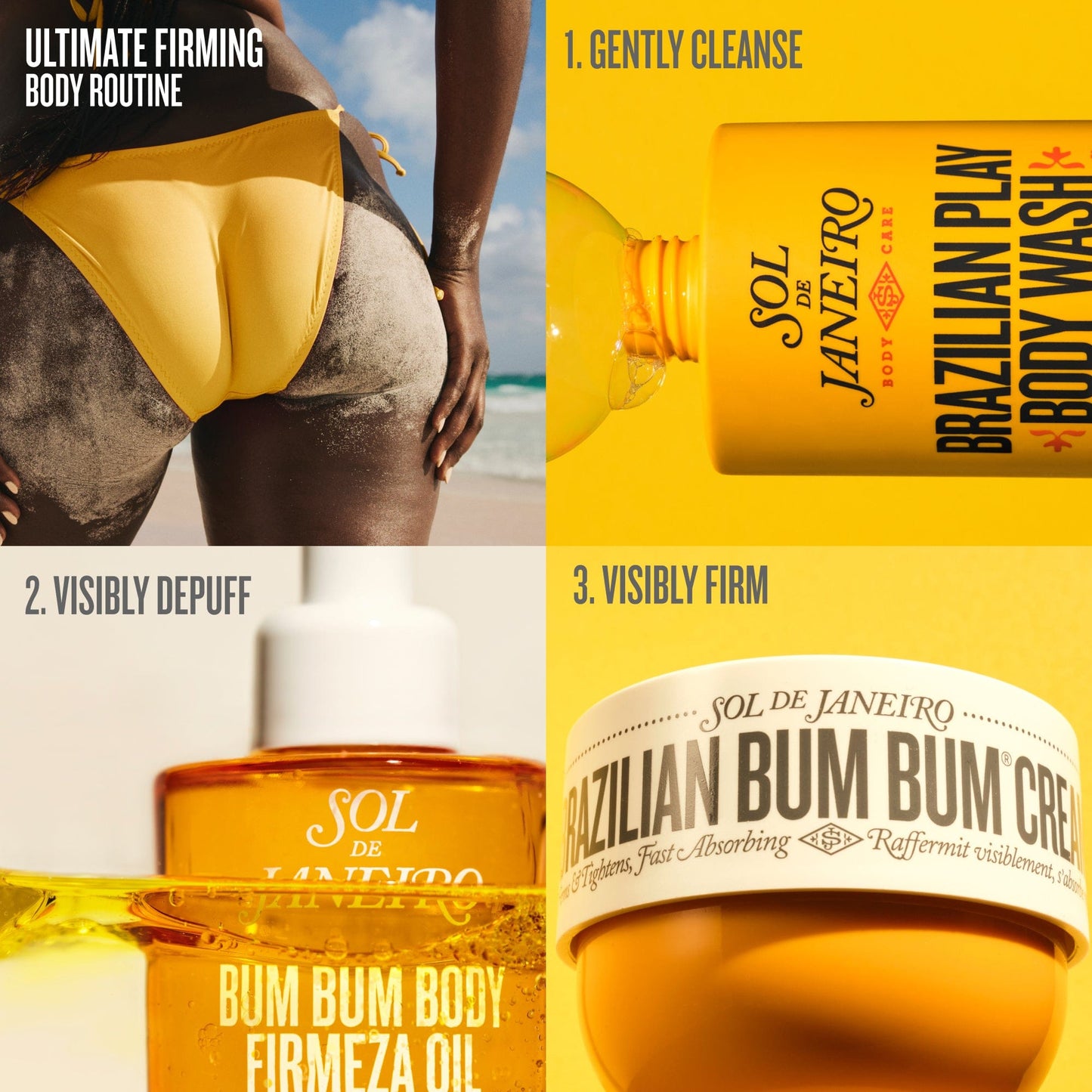ultimate firming body routine, 1. gently cleanse 2. visibly depuff 3. visibly firm