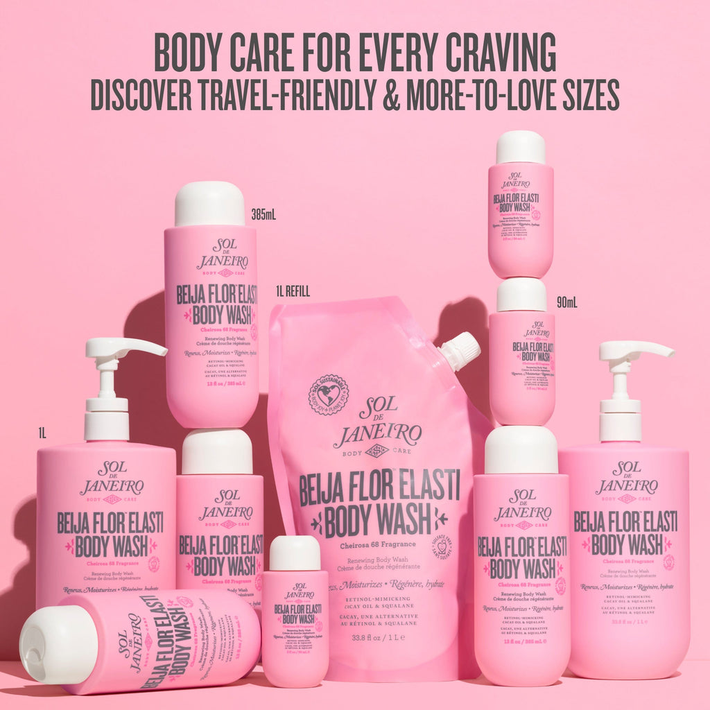 Collection of Sol de Janeiro body wash bottles on a pink background with promotional text.