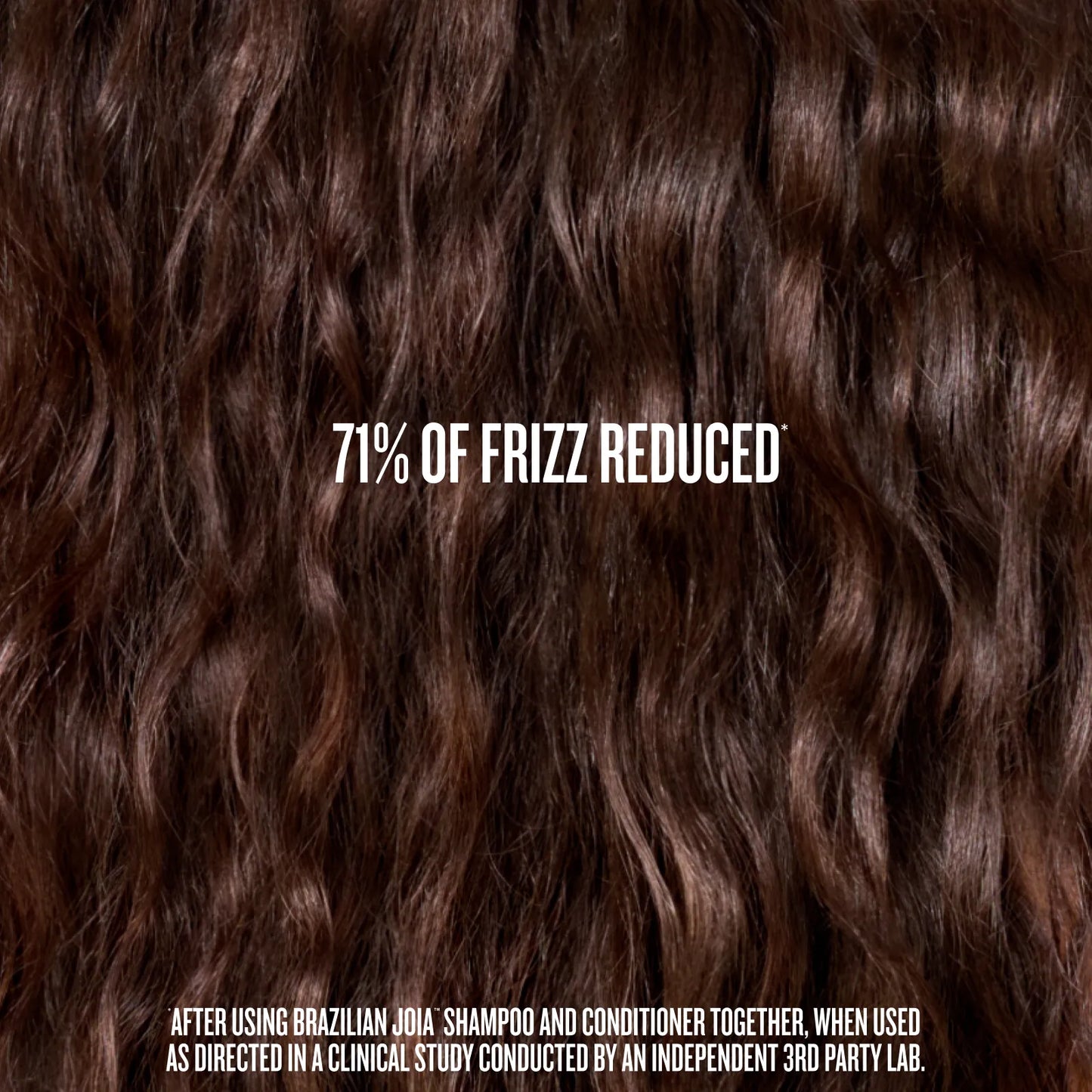 Close-up of curly brown hair with text indicating 71% frizz reduction, set against a dark brown background.